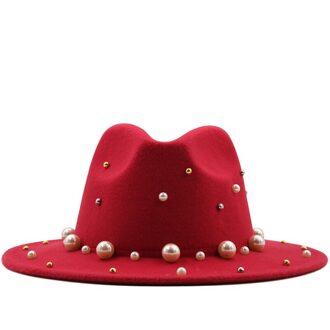 Vrouwen Mannen Wol Fedora Hoed Met Grote Parel Gentleman Lady Winter Herfst Brede Rand Kerk Panama Sombrero Jazz cap rood