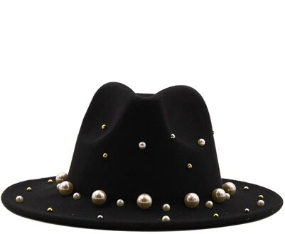 Vrouwen Mannen Wol Fedora Hoed Met Grote Parel Gentleman Lady Winter Herfst Brede Rand Kerk Panama Sombrero Jazz cap zwart