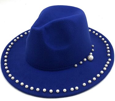 Vrouwen Mannen Wol Fedora Hoed Met Parel Lint Gentleman Lady Winter Herfst Brede Rand Kerk Panama Sombrero Jazz cap blauw