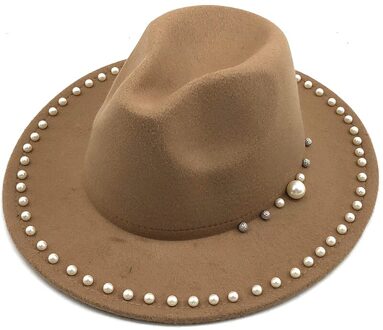 Vrouwen Mannen Wol Fedora Hoed Met Parel Lint Gentleman Lady Winter Herfst Brede Rand Kerk Panama Sombrero Jazz cap khaki