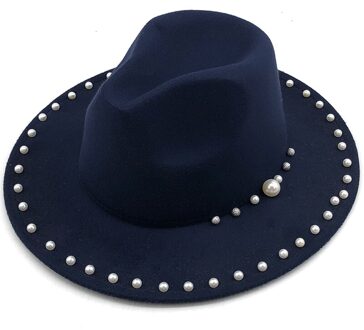Vrouwen Mannen Wol Fedora Hoed Met Parel Lint Gentleman Lady Winter Herfst Brede Rand Kerk Panama Sombrero Jazz cap marine blauw