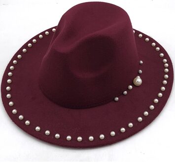 Vrouwen Mannen Wol Fedora Hoed Met Parel Lint Gentleman Lady Winter Herfst Brede Rand Kerk Panama Sombrero Jazz cap rood wijn