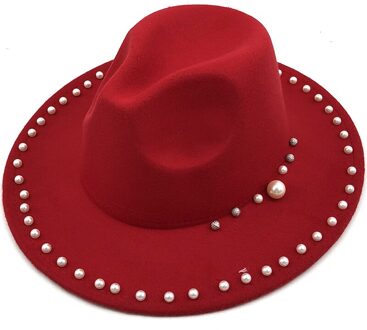 Vrouwen Mannen Wol Fedora Hoed Met Parel Lint Gentleman Lady Winter Herfst Brede Rand Kerk Panama Sombrero Jazz cap rood