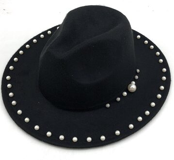 Vrouwen Mannen Wol Fedora Hoed Met Parel Lint Gentleman Lady Winter Herfst Brede Rand Kerk Panama Sombrero Jazz cap zwart