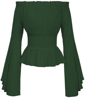 Vrouwen Middeleeuwse Renaissance Effen Kleur Bell Mouwen Ruches Off Shoulder Blouse voor Halloween groen S M