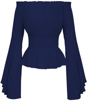 Vrouwen Middeleeuwse Renaissance Effen Kleur Bell Mouwen Ruches Off Shoulder Blouse voor Halloween marine blauw S M