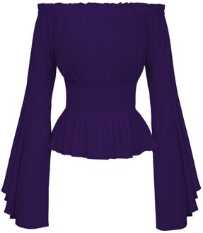 Vrouwen Middeleeuwse Renaissance Effen Kleur Bell Mouwen Ruches Off Shoulder Blouse voor Halloween paars S M