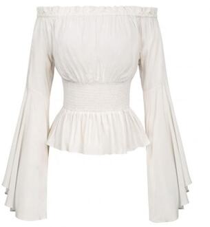 Vrouwen Middeleeuwse Renaissance Effen Kleur Bell Mouwen Ruches Off Shoulder Blouse voor Halloween wit S M