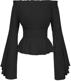 Vrouwen Middeleeuwse Renaissance Effen Kleur Bell Mouwen Ruches Off Shoulder Blouse voor Halloween zwart L XL