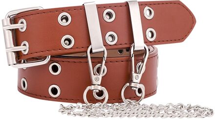 & Vrouwen Mode Dubbele Gat Pin Gesp Taille Riem Voor Jeans Metalen Taille Punk Ketting Luxe Riemen Pu Leer stijl Decoratieve Bruin
