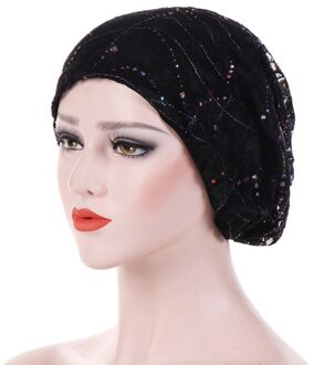 Vrouwen Mode Kant Tulband Sjaal Caps Zomer Herfst Moslim Cap Chemo Beanie Hoed Vrouwen Haar Accessoires Vrouwelijke Tulband zwart