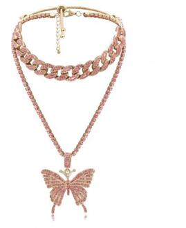 Vrouwen Mode Punk Stijl Rhinestone Vlinder Hanger Collier Sieraden Roze
