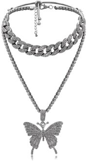 Vrouwen Mode Punk Stijl Rhinestone Vlinder Hanger Collier Sieraden zwart