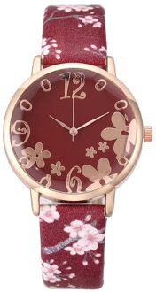 Vrouwen Mode Reliëf Bloemen Kleine Verse Gedrukt Riem Student Quartz Horloge Montre Femme Reloj Mujer Rood