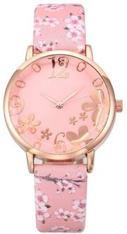 Vrouwen Mode Reliëf Bloemen Kleine Verse Gedrukt Riem Student Quartz Horloge Montre Femme Reloj Mujer Roze
