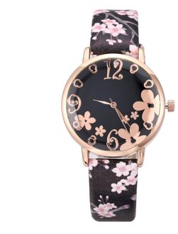 Vrouwen Mode Reliëf Bloemen Kleine Verse Gedrukt Riem Student Quartz Horloge Montre Femme Reloj Mujer zwart