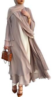Vrouwen Moslim Lange Mouwen Flowy Maxi Vest Islamitische Open Voorzijde Kimono Abaya Gewaad Turkije Kaftan Effen Kleur Belted Loose Dubai C khaki / M