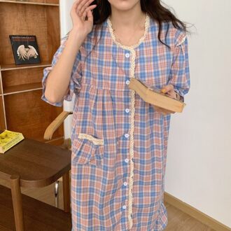 Vrouwen Nightgowns Zomer Nachtkleding Enkele Breasted Midi Jurk Homewear O Hals Korte Mouwen Plaid Nachthemd Korea Sleepdress Y471 blauw