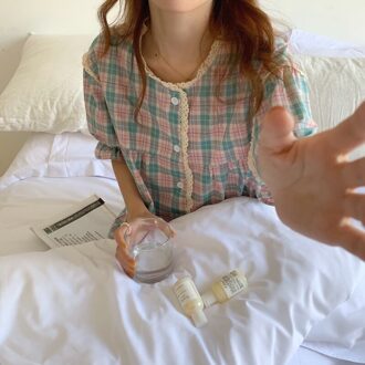 Vrouwen Nightgowns Zomer Nachtkleding Enkele Breasted Midi Jurk Homewear O Hals Korte Mouwen Plaid Nachthemd Korea Sleepdress Y471 groen