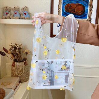 Vrouwen Opvouwbare Recycle Herbruikbare Handtassen Mesh Borduurwerk Light Clear Organza Jelly Boodschappentas Bloemen Tote Bag Yellow2