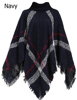 Vrouwen Outdoor Sjaal, Boho Losse Kwastje Plaid Poncho Coltrui Jumper Gebreide Oversized Trui Top S39dt diep blauw