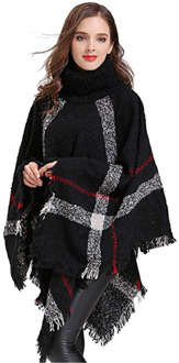 Vrouwen Outdoor Sjaal, Boho Losse Kwastje Plaid Poncho Coltrui Jumper Gebreide Oversized Trui Top S39dt zwart