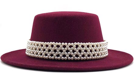 Vrouwen Parel Wolvilt Hoeden Witte Brede Rand Fedora Voor Bruiloft Kerk Hoeden Pork Pie Fedora Hoed Floppy derby Triby Hoeden wijn rood