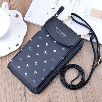 Vrouwen Portemonnee Bloem Print Lederen Schouderbanden Schoudertas Mobiele Telefoon Grote Kaarthouders Portemonnee Handtas Zakken Meisjes zwart