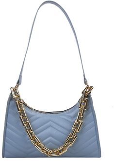 Vrouwen Pure Kleur Pu Onderarm Zak Mode Dames Dikke Ketting Kleine Hobos Handtassen Borduurgaren Schouder Pouch Blauw
