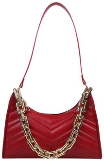 Vrouwen Pure Kleur Pu Onderarm Zak Mode Dames Dikke Ketting Kleine Hobos Handtassen Borduurgaren Schouder Pouch Rood