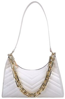 Vrouwen Pure Kleur Pu Onderarm Zak Mode Dames Dikke Ketting Kleine Hobos Handtassen Borduurgaren Schouder Pouch wit