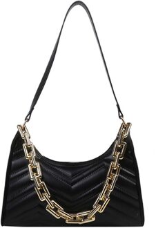 Vrouwen Pure Kleur Pu Onderarm Zak Mode Dames Dikke Ketting Kleine Hobos Handtassen Borduurgaren Schouder Pouch zwart