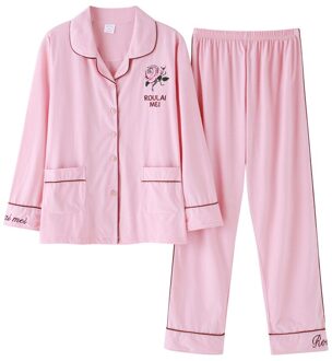Vrouwen Pyjama Roze Revers Nachtkleding Katoen Thuis Kleding Bloemenprint Top + Broek Vrouwelijke Nachtjapon Casual Loungewear Pjs Xxl