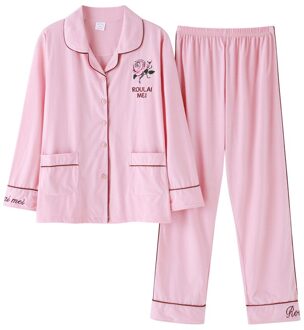 Vrouwen Pyjama Roze Revers Nachtkleding Katoen Thuis Kleding Bloemenprint Top + Broek Vrouwelijke Nachtjapon Casual Loungewear Pjs Xxxl