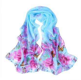 Vrouwen Retro Pioen Patroon Lange Sjaals Vrouwelijke Vlinder Afdrukken Sjaal Sjaal Elegante Zijden Sjaals Vrouwen Dunne Hoofddoek blauw