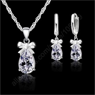 Vrouwen Romantische Wedding Bridal Kristal Sieraden Sets 925 Serling Silver Clear Cz Hanger Ketting Oorbellen