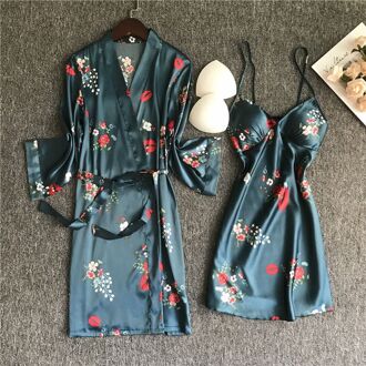Vrouwen Satijn Nachtkleding Robe Sexy Silk Robe Gown Set Slaap Lounge Indoor Kleding Dames Nachtkleding Nachthemd Met Borst Pads bloem / M