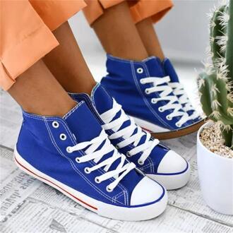Vrouwen Schoenen Casual Classic Blauw Canvas Lace Ronde Neus Platte Hak High-Top Comfortabele sneakers 6KF136 39