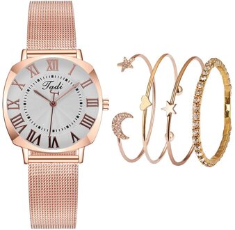 Vrouwen Shining Casual Quartz Rvs Newv Band Armband Horloge Set