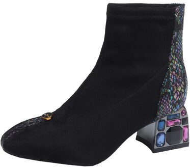 Vrouwen Snake Enkellaarsjes Dikke Hoge Hak Korte Laarzen Vrouwen Mode Kristal Decoratie Winter Warm Dames Schoenen 38