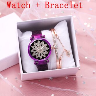 Vrouwen Sterrenhemel Bloem Armband Horloge Set Casual Luxe Magneet Gesp Quartz Horloges Klok Relogio Feminino paars armband