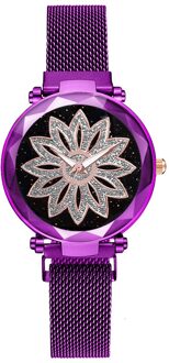 Vrouwen Sterrenhemel Bloem Armband Horloge Set Casual Luxe Magneet Gesp Quartz Horloges Klok Relogio Feminino paars