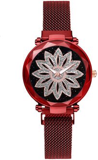 Vrouwen Sterrenhemel Bloem Armband Horloge Set Casual Luxe Magneet Gesp Quartz Horloges Klok Relogio Feminino rood