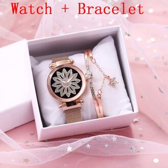 Vrouwen Sterrenhemel Bloem Armband Horloge Set Casual Luxe Magneet Gesp Quartz Horloges Klok Relogio Feminino roos goud armband