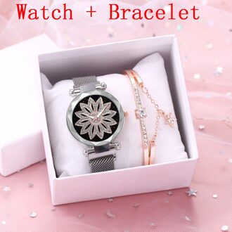 Vrouwen Sterrenhemel Bloem Armband Horloge Set Casual Luxe Magneet Gesp Quartz Horloges Klok Relogio Feminino zilver armband