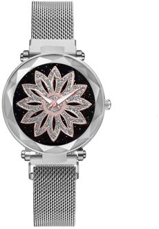 Vrouwen Sterrenhemel Bloem Armband Horloge Set Casual Luxe Magneet Gesp Quartz Horloges Klok Relogio Feminino zilver