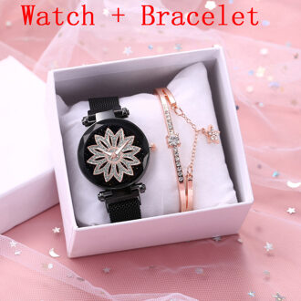 Vrouwen Sterrenhemel Bloem Armband Horloge Set Casual Luxe Magneet Gesp Quartz Horloges Klok Relogio Feminino zwart armband