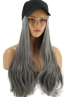 Vrouwen Stijlvolle Lange Golf Pruik Haarstukje Synthetisch Haar Uitbreiding Met Baseball Hoed Multicolor Natuurlijk Sluit Hoed Pruik Verstelbare grijs