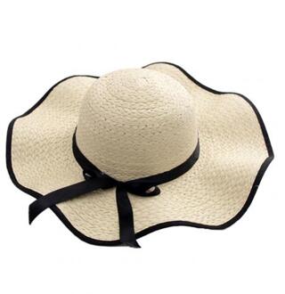 Vrouwen Strik Straw Weave Golvend Brede Rand Zonnebrandcrème Outdoor Strand Zonnehoed Cap Hoed Beige