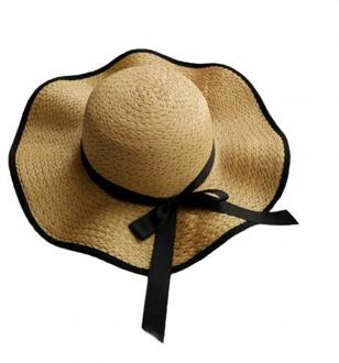 Vrouwen Strik Straw Weave Golvend Brede Rand Zonnebrandcrème Outdoor Strand Zonnehoed Cap Hoed khaki